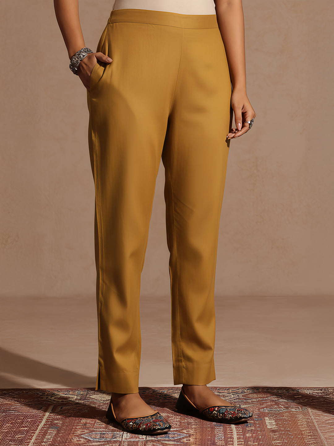 Janasya Women's Mustard Rayon Embroidered Straight Kurta Set