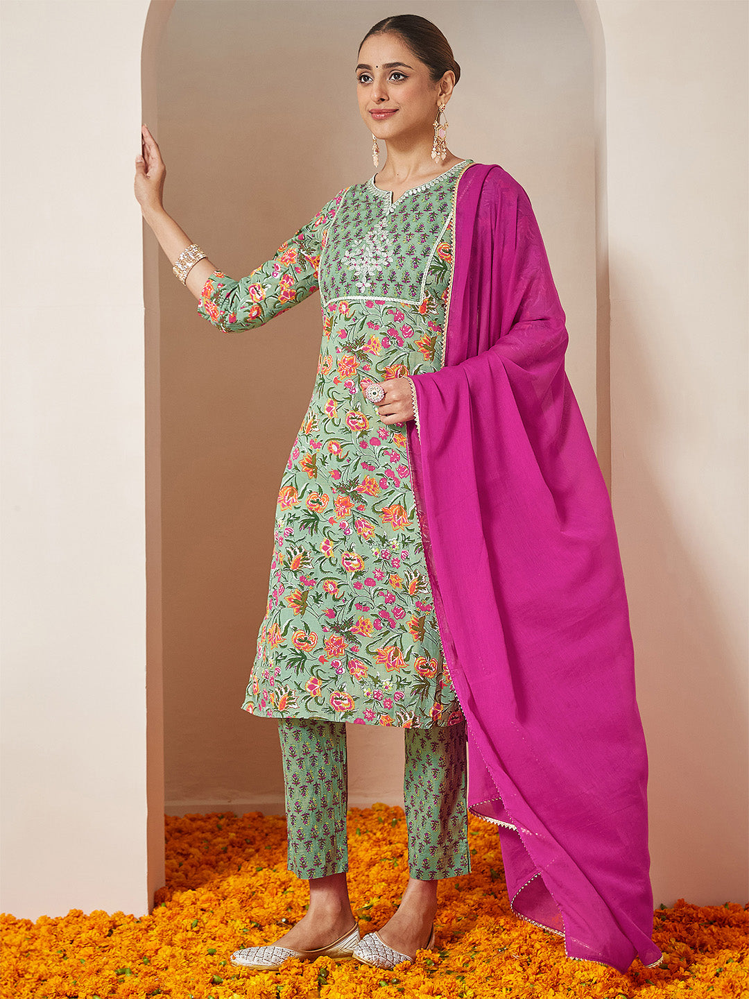 Janasya Women's Mint Green Pure Cotton Yoke Embroidered Floral Printed Straight Kurta Set