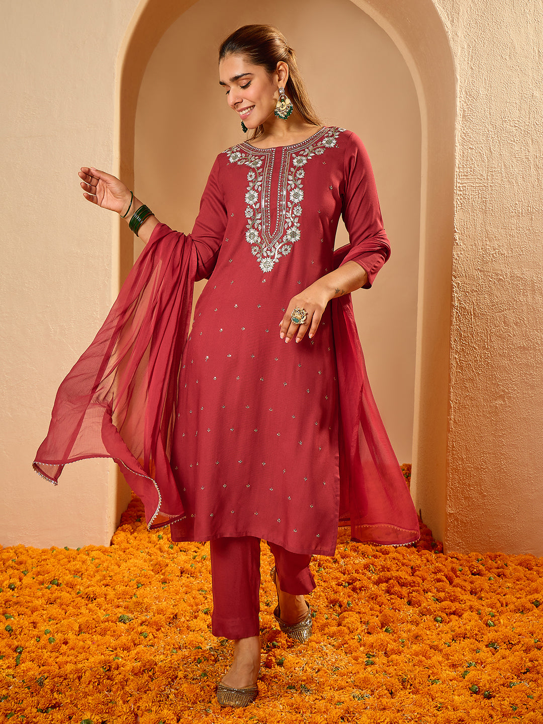 Janasya Women's Maroon Rayon Yoke Embroidered Sequinned Straight Kurta Set