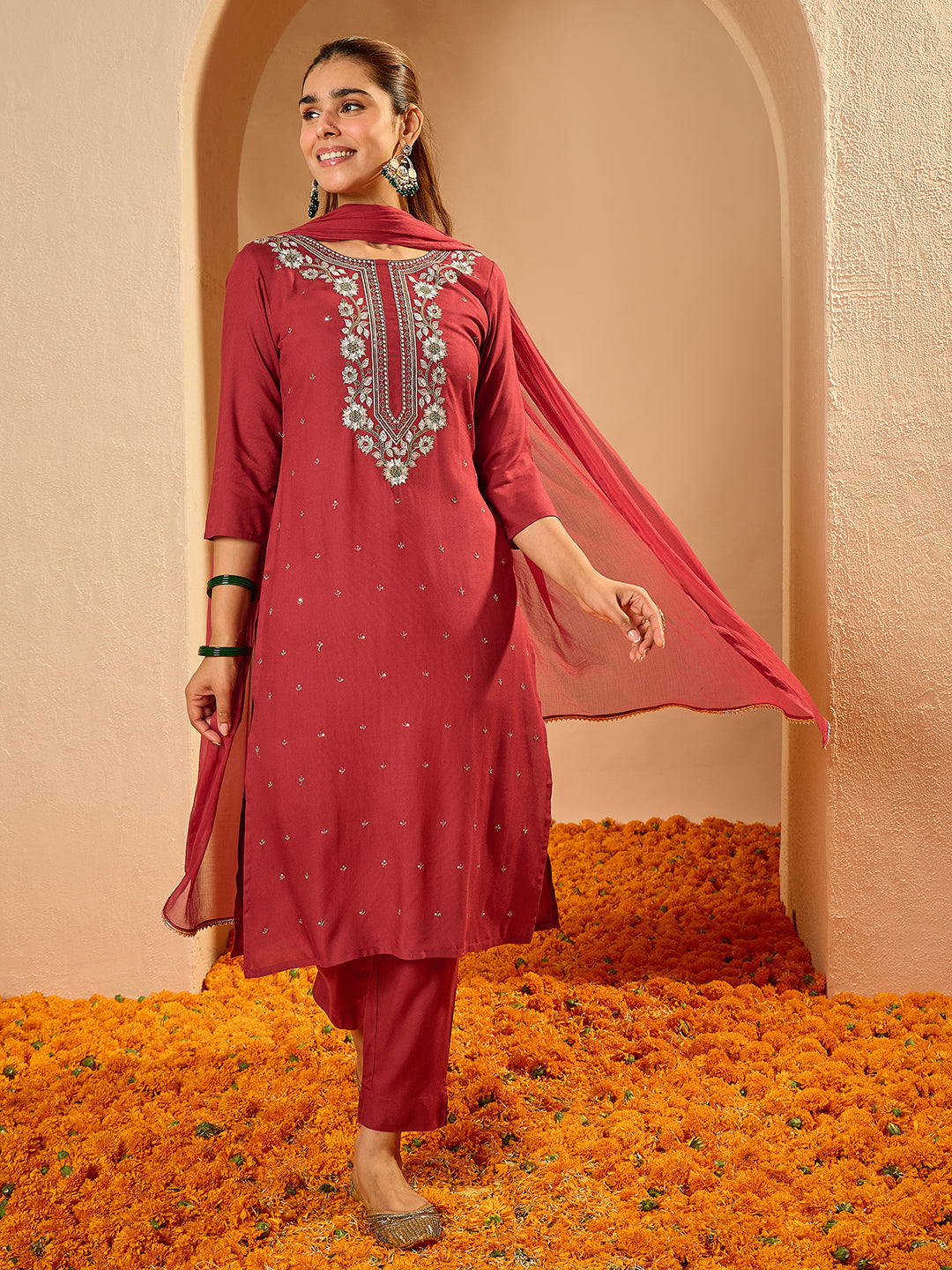 Janasya Women's Maroon Rayon Yoke Embroidered Sequinned Straight Kurta Set