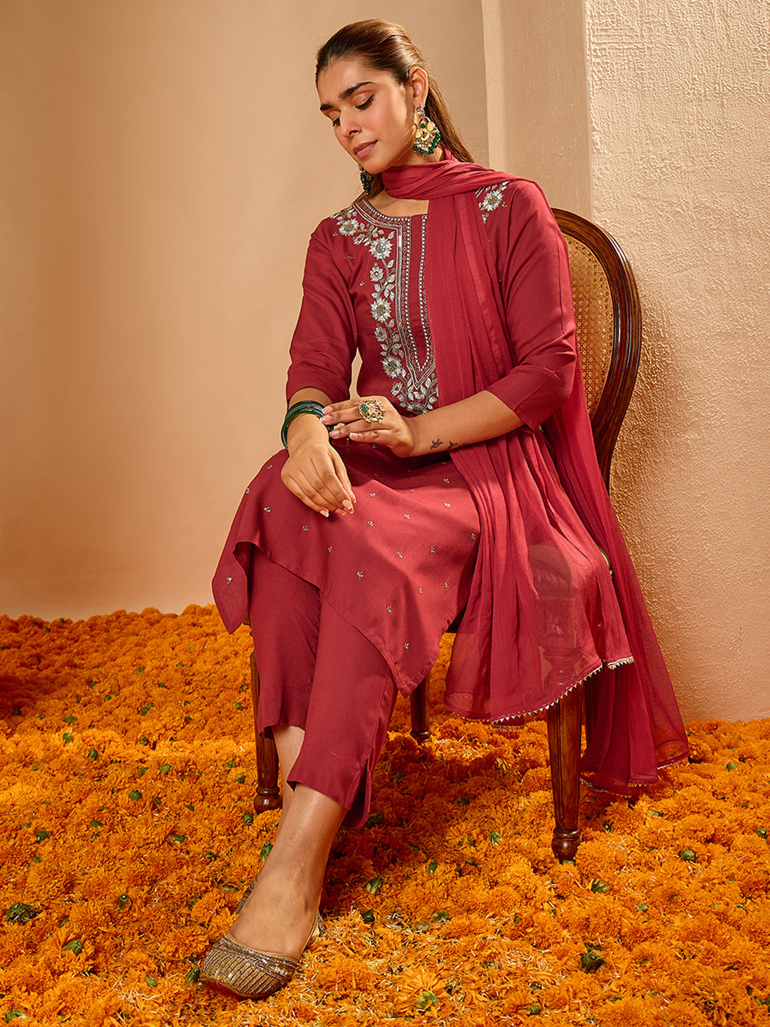 Janasya Women's Maroon Rayon Yoke Embroidered Sequinned Straight Kurta Set