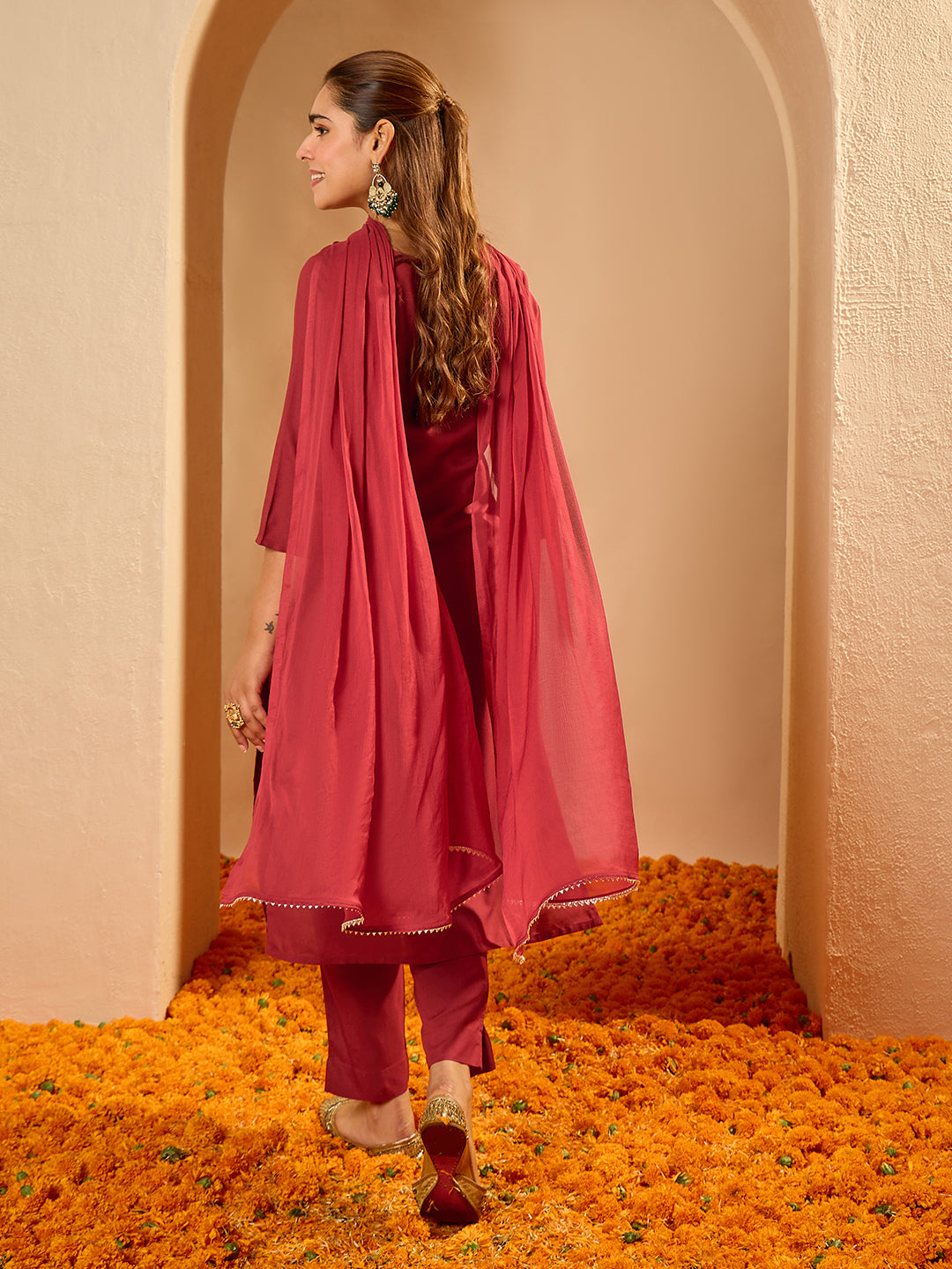 Janasya Women's Maroon Rayon Yoke Embroidered Sequinned Straight Kurta Set