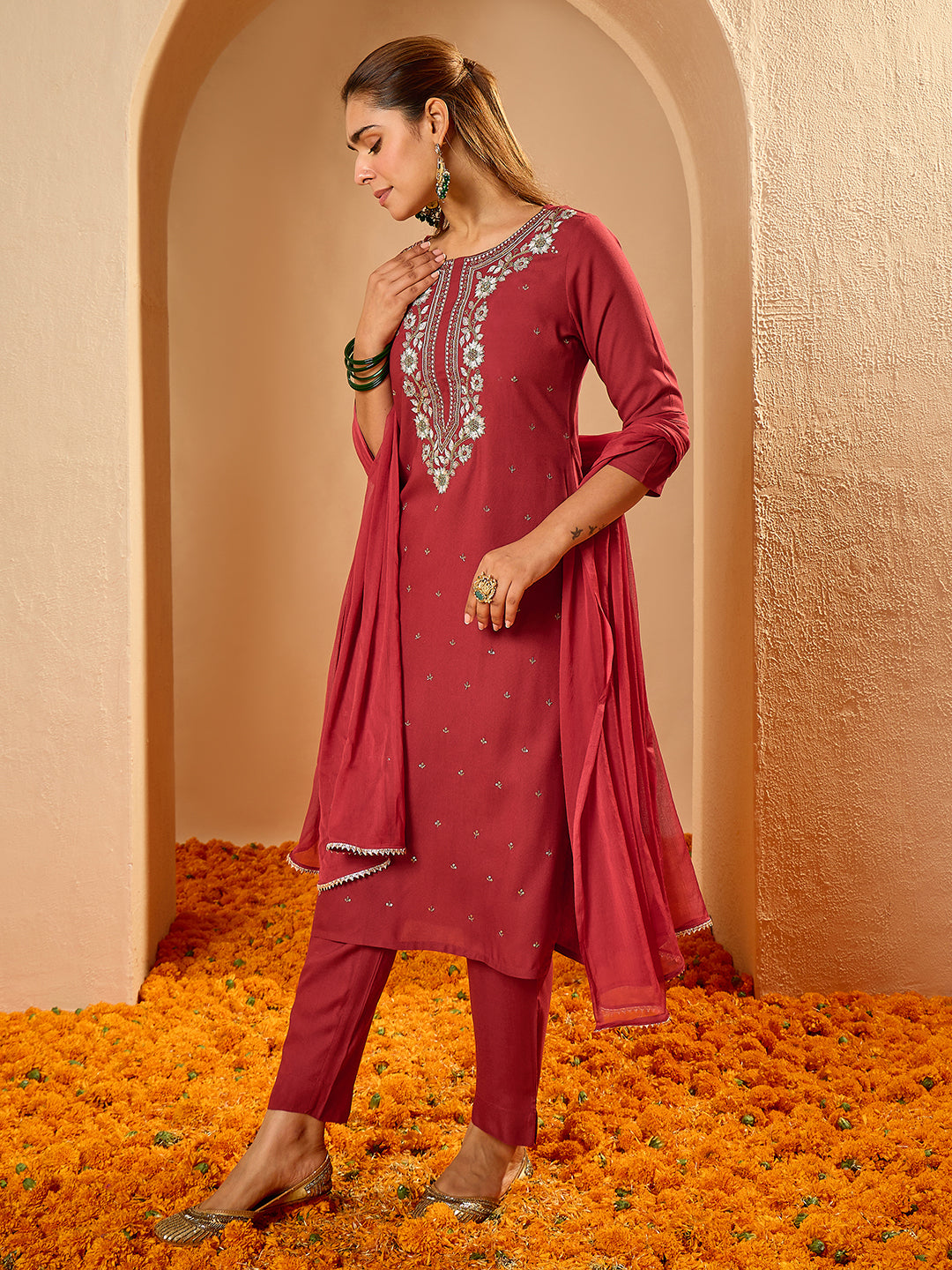 Janasya Women's Maroon Rayon Yoke Embroidered Sequinned Straight Kurta Set