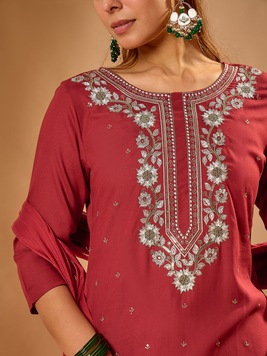 Janasya Women's Maroon Rayon Yoke Embroidered Sequinned Straight Kurta Set
