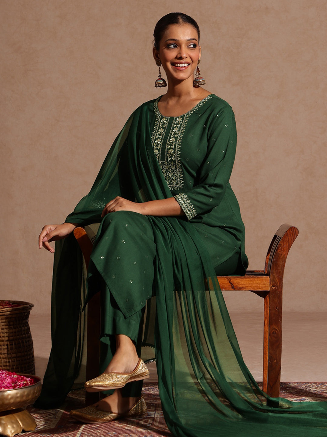 Janasya Women's Maroon Rayon Yoke Embroidered Sequinned Straight Kurta Set With Dupatta