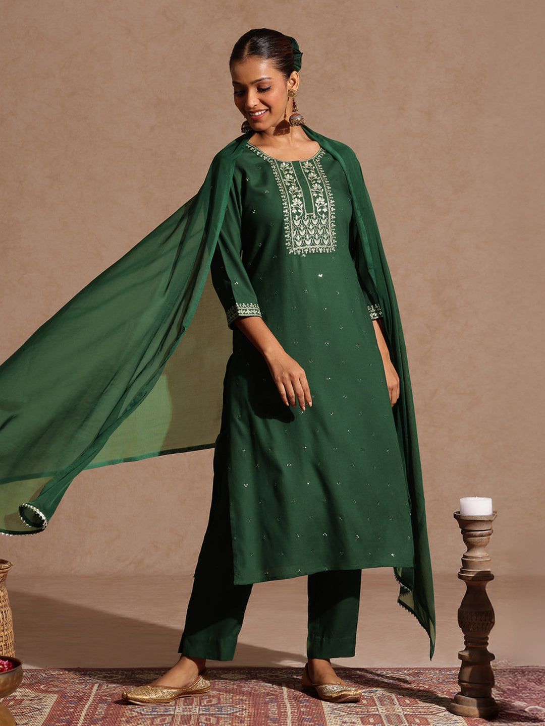 Janasya Women's Maroon Rayon Yoke Embroidered Sequinned Straight Kurta Set With Dupatta