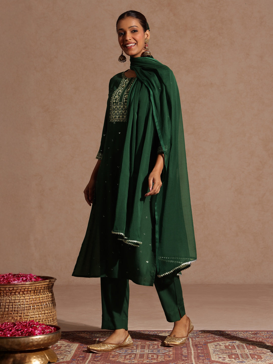 Janasya Women's Maroon Rayon Yoke Embroidered Sequinned Straight Kurta Set With Dupatta