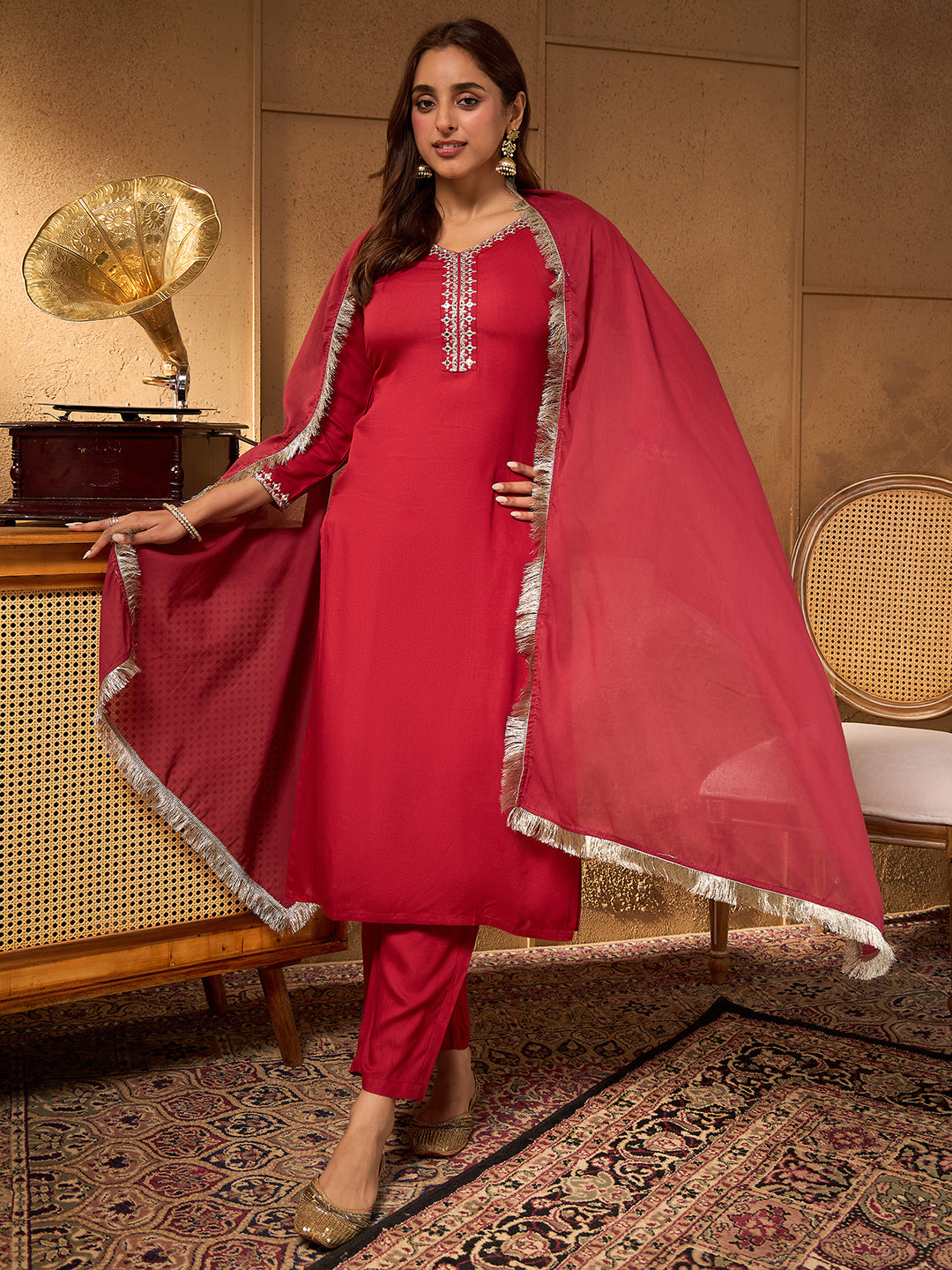 Janasya Women's Maroon Rayon Yoke Embroidered Straight Kurta Set