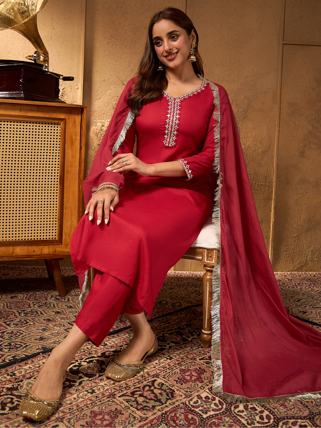Janasya Women's Maroon Rayon Yoke Embroidered Straight Kurta Set