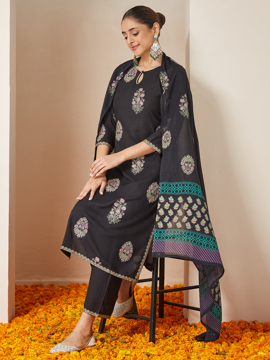Janasya Women's Black Rayon Floral Gold Printed Straight Kurta Set