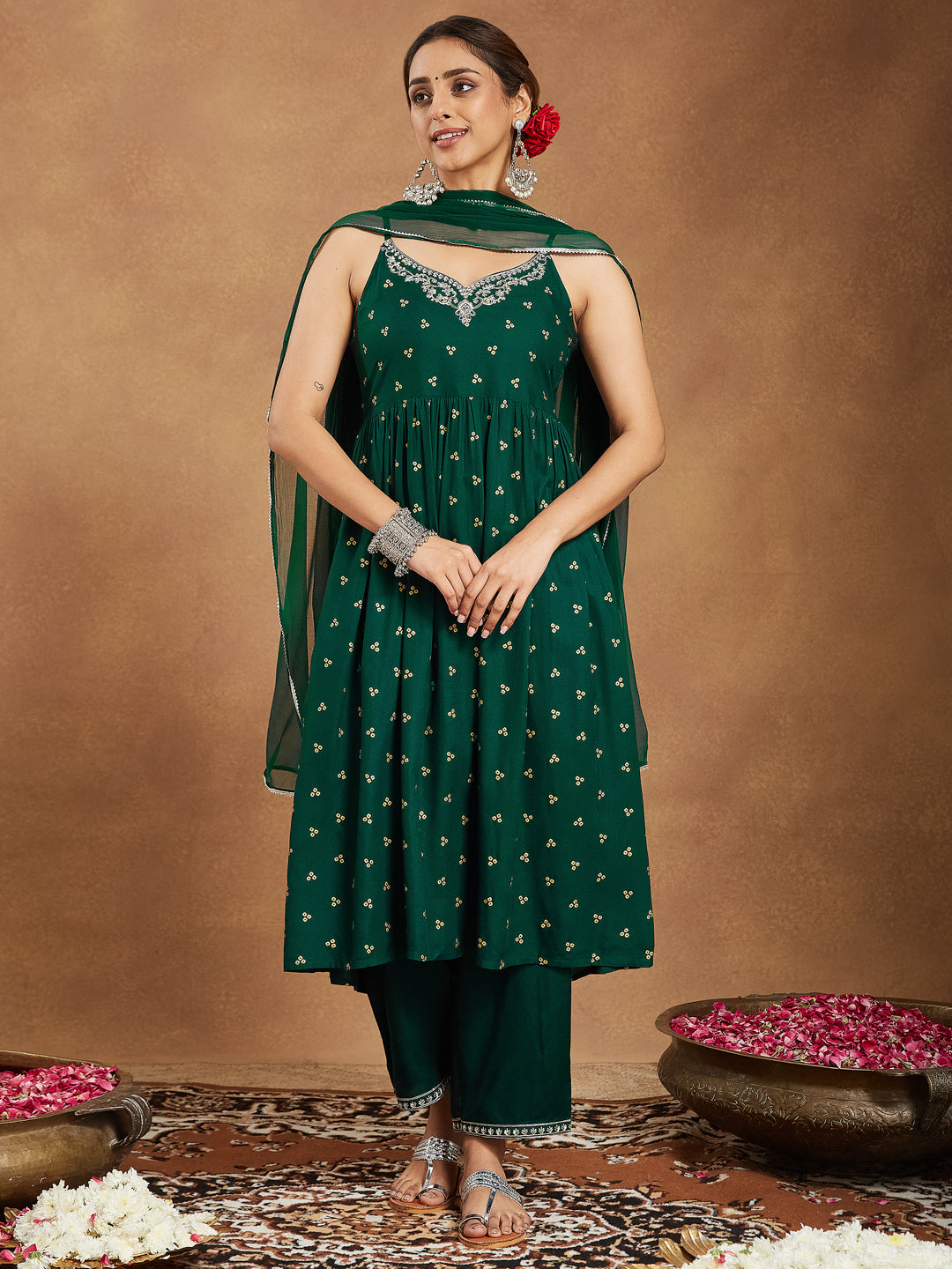 Janasya Women's Dark Green Rayon Yoke Embroidered Gold Printed A-line Kurta Set