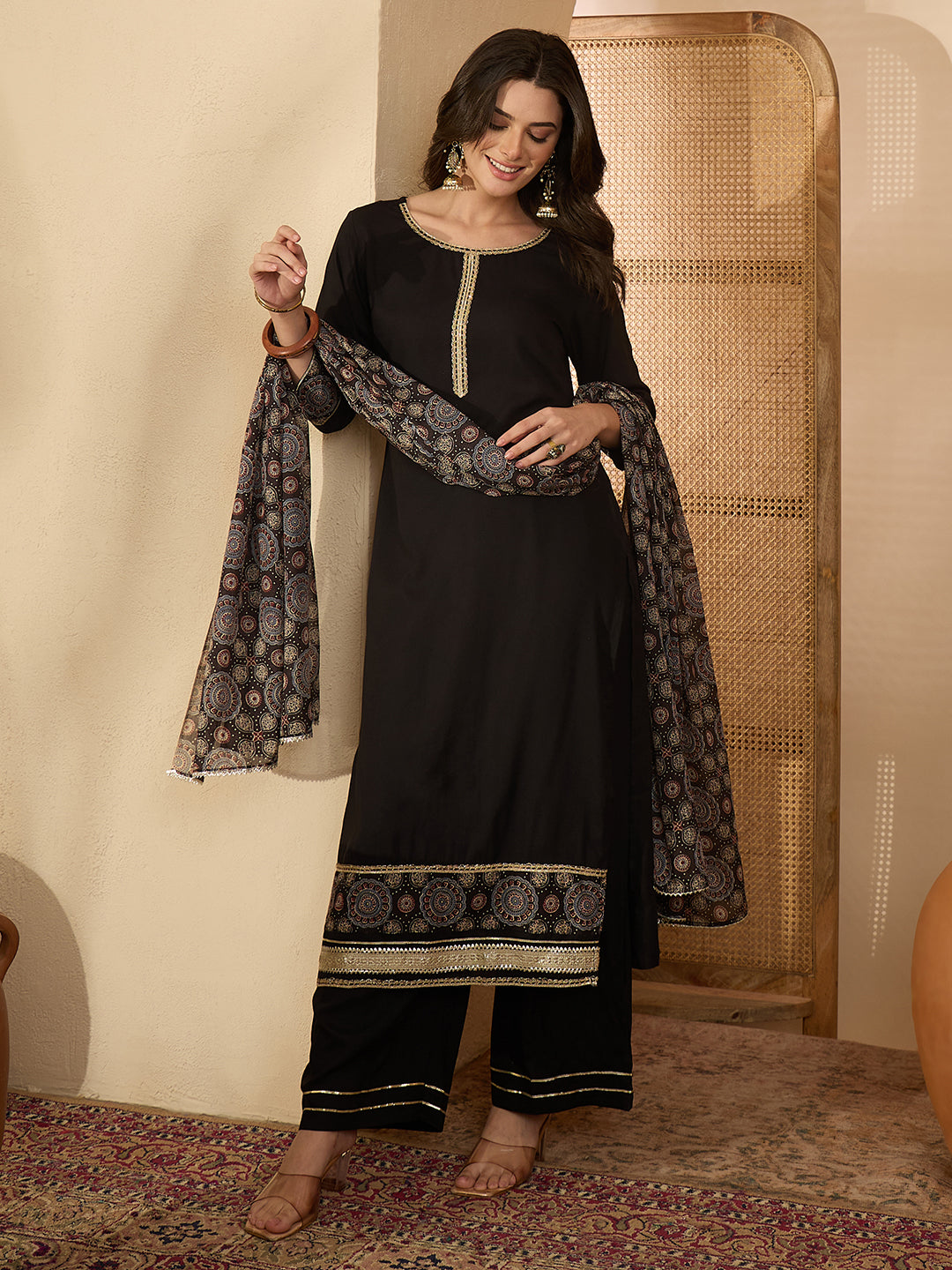 Janasya Women's Black Rayon Ajrakh Printed Straight Kurta Set