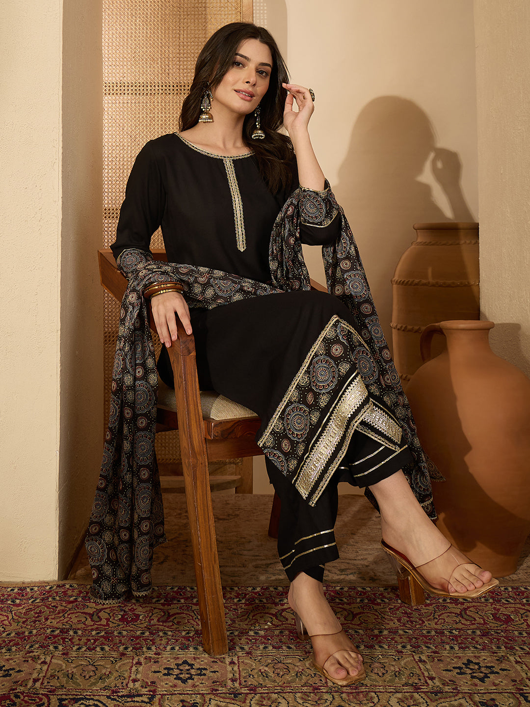 Janasya Women's Black Rayon Ajrakh Printed Straight Kurta Set