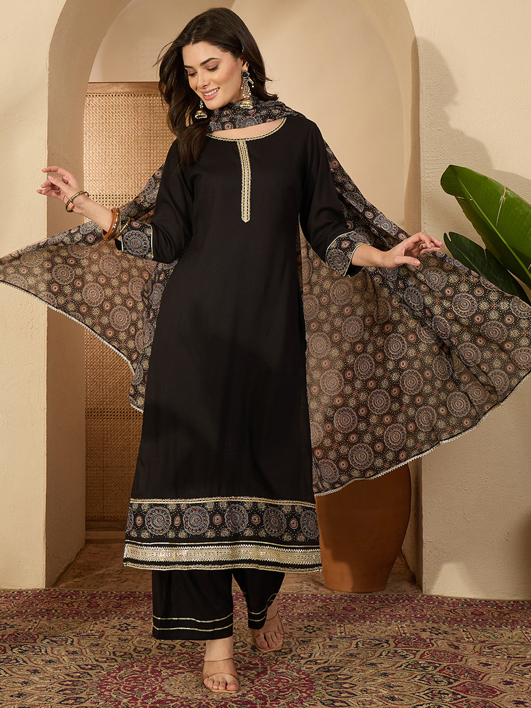 Janasya Women's Black Rayon Ajrakh Printed Straight Kurta Set