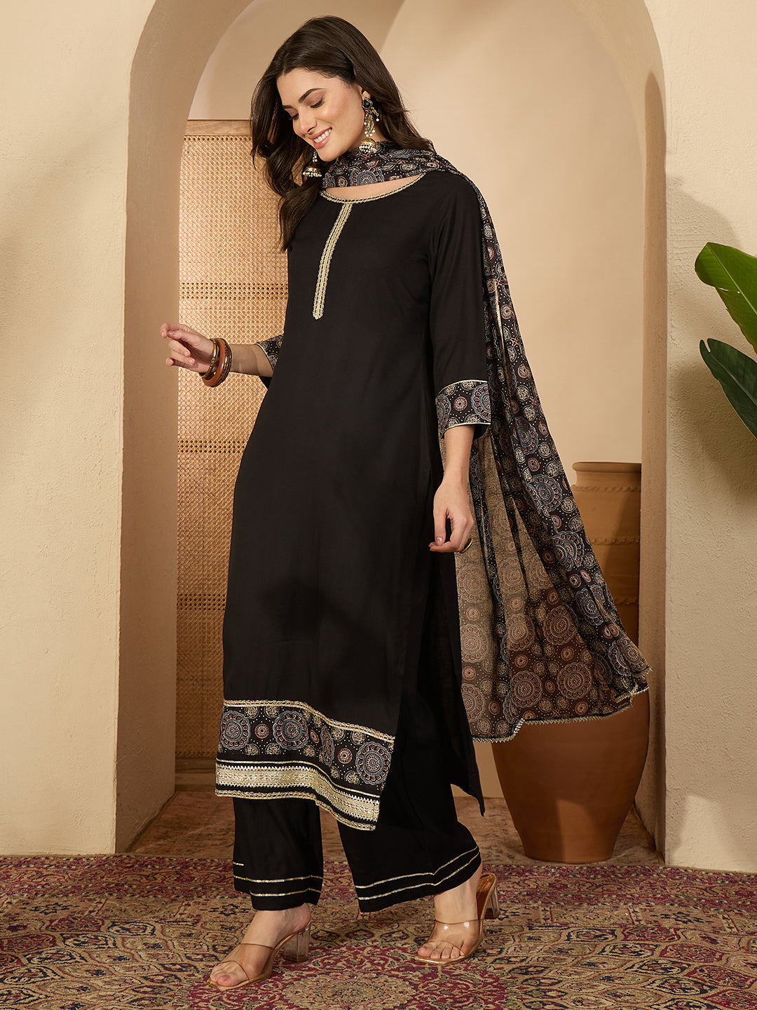 Janasya Women's Black Rayon Ajrakh Printed Straight Kurta Set