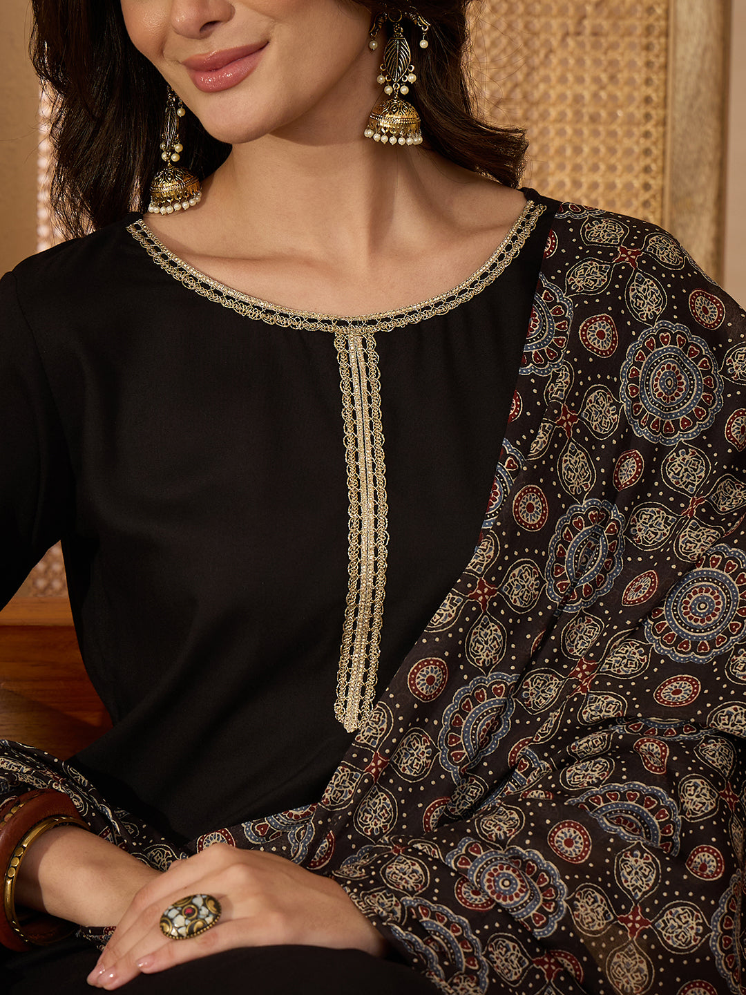 Janasya Women's Black Rayon Ajrakh Printed Straight Kurta Set