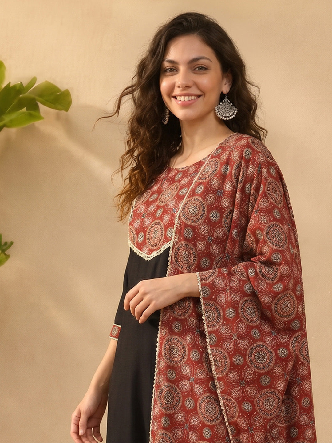 Janasya Women's Black Rayon Ajrakh Printed Straight Kurta Set