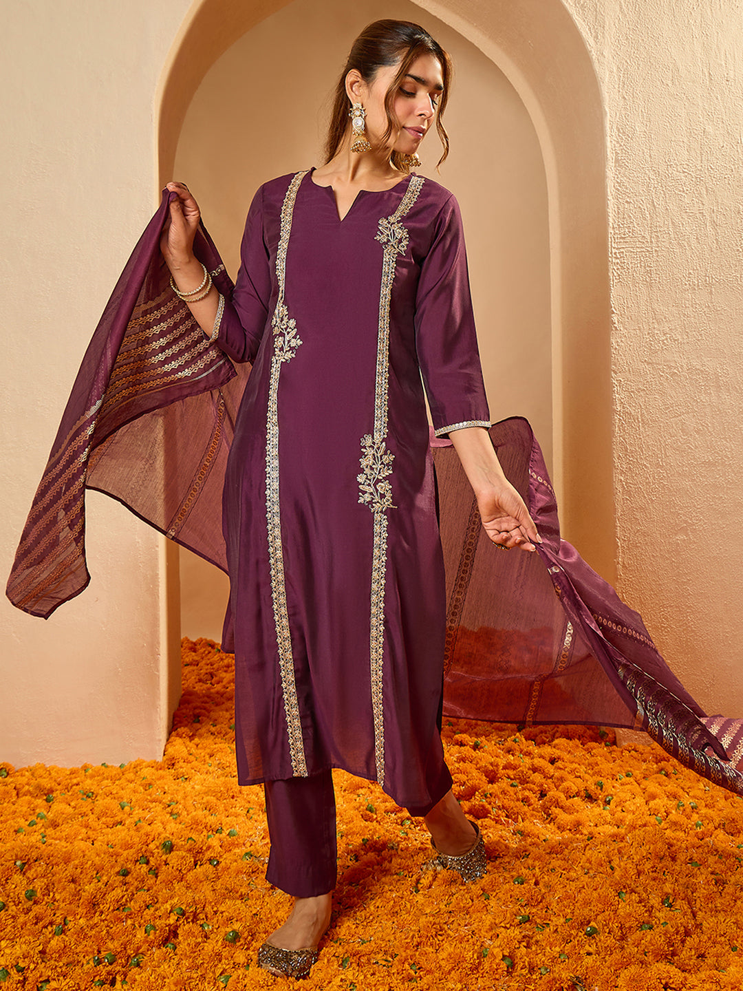 Janasya Women's Wine Chanderi Silk Zari Embroidered Straight Kurta Set