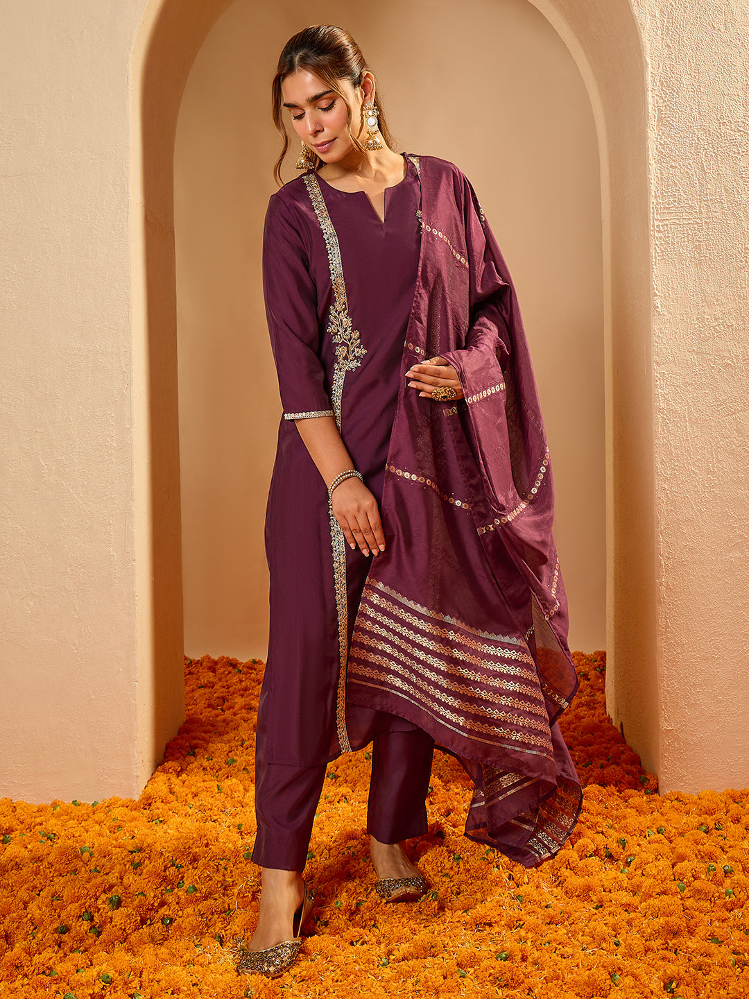 Janasya Women's Wine Chanderi Silk Zari Embroidered Straight Kurta Set