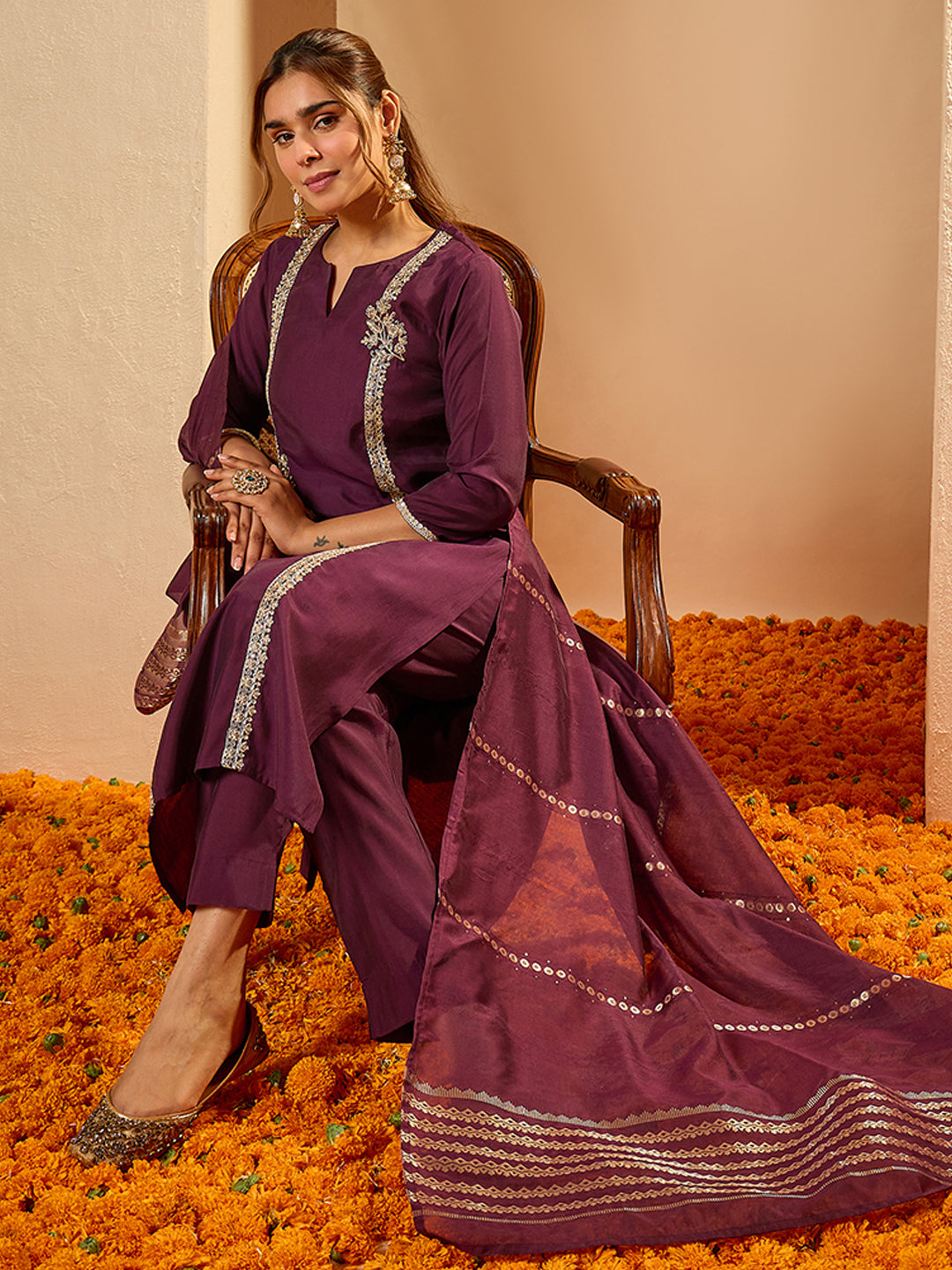 Janasya Women's Wine Chanderi Silk Zari Embroidered Straight Kurta Set