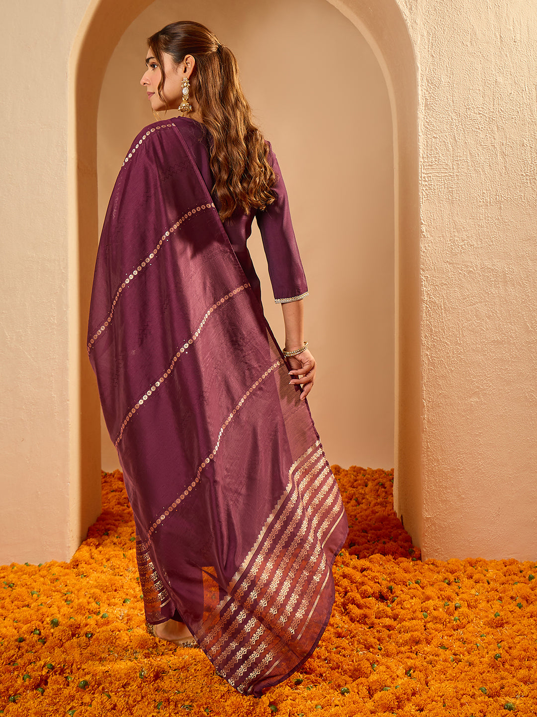 Janasya Women's Wine Chanderi Silk Zari Embroidered Straight Kurta Set