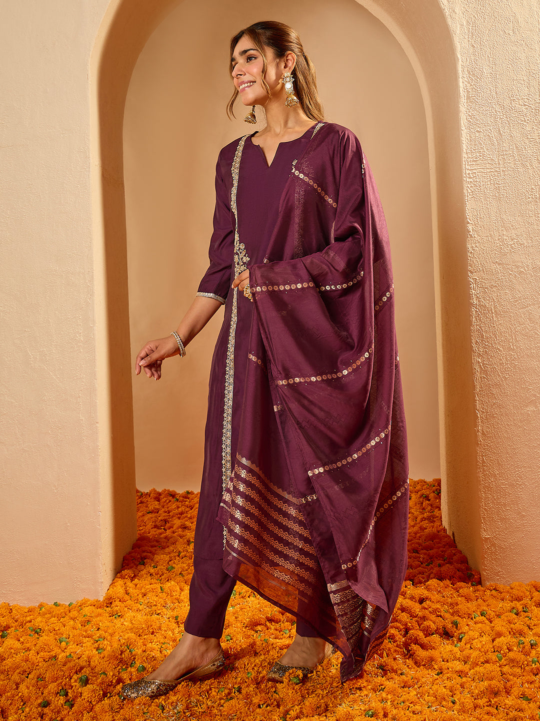 Janasya Women's Wine Chanderi Silk Zari Embroidered Straight Kurta Set