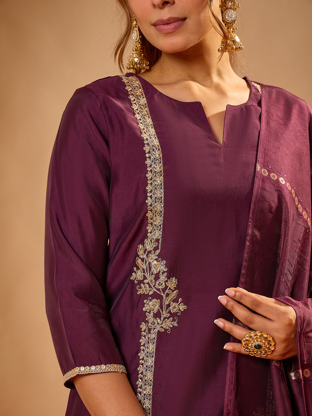 Janasya Women's Wine Chanderi Silk Zari Embroidered Straight Kurta Set