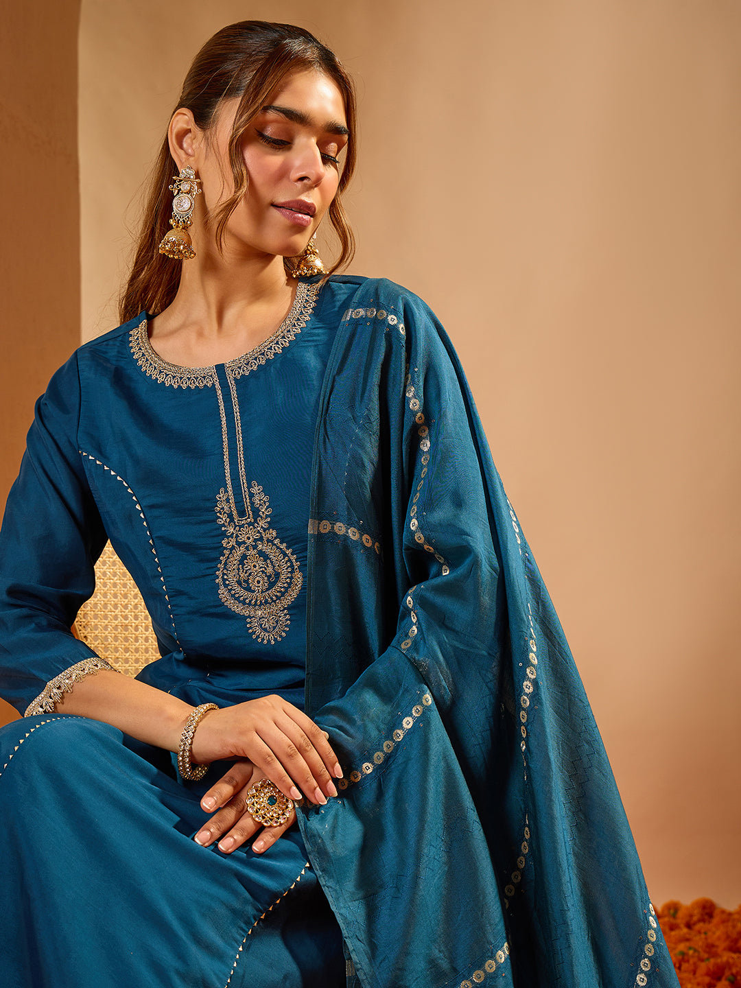 Janasya Women's Teal Blue Chanderi Silk Yoke Floral Embroidered Straight Kurta Set with Jacquard Dupatta