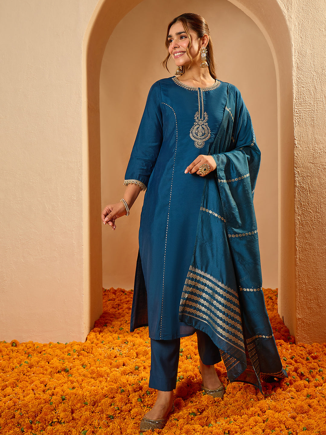 Janasya Women's Teal Blue Chanderi Silk Yoke Floral Embroidered Straight Kurta Set with Jacquard Dupatta