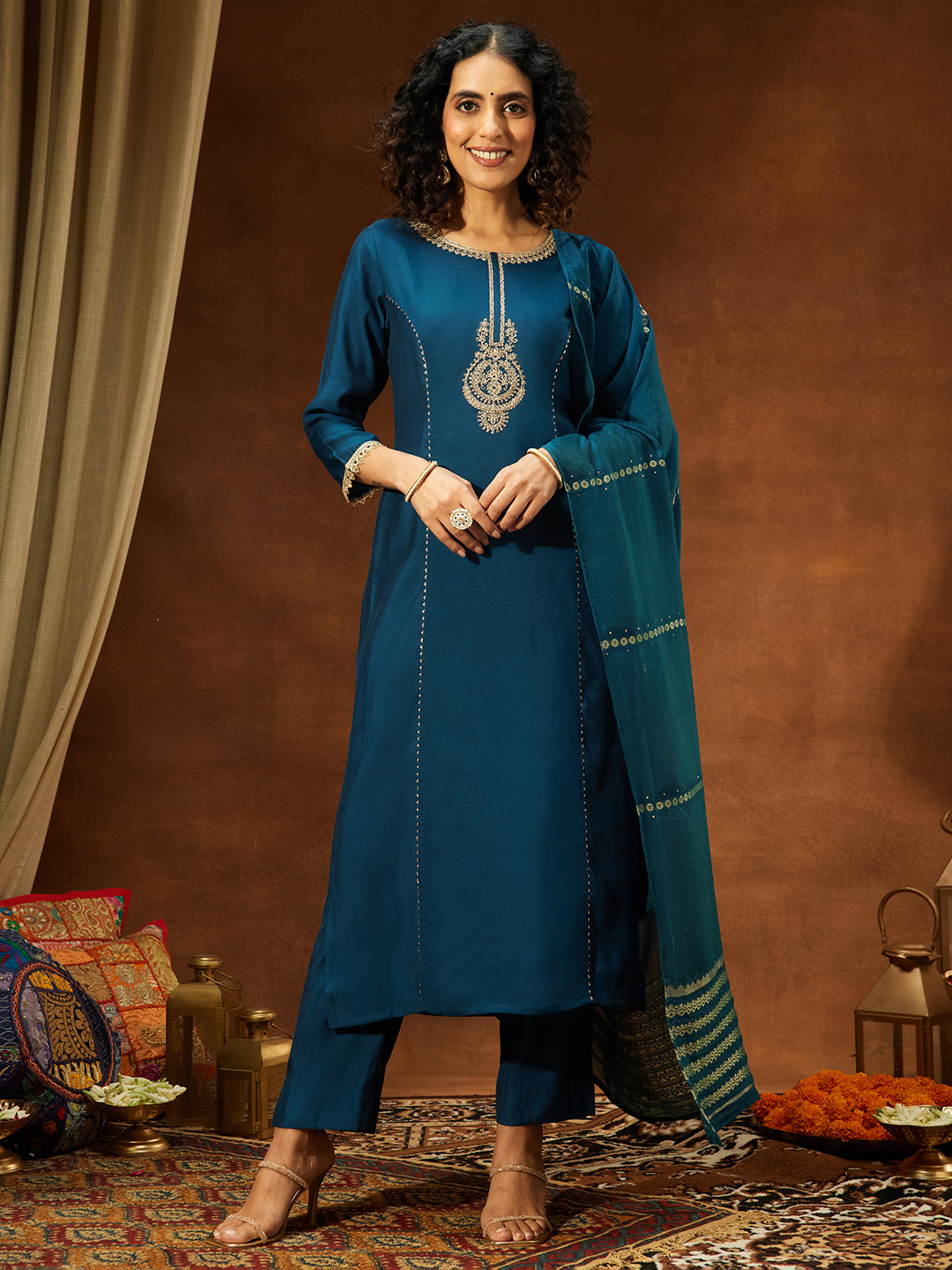 Janasya Women's Teal Chanderi Yoke Embroidery Straight Kurta Set