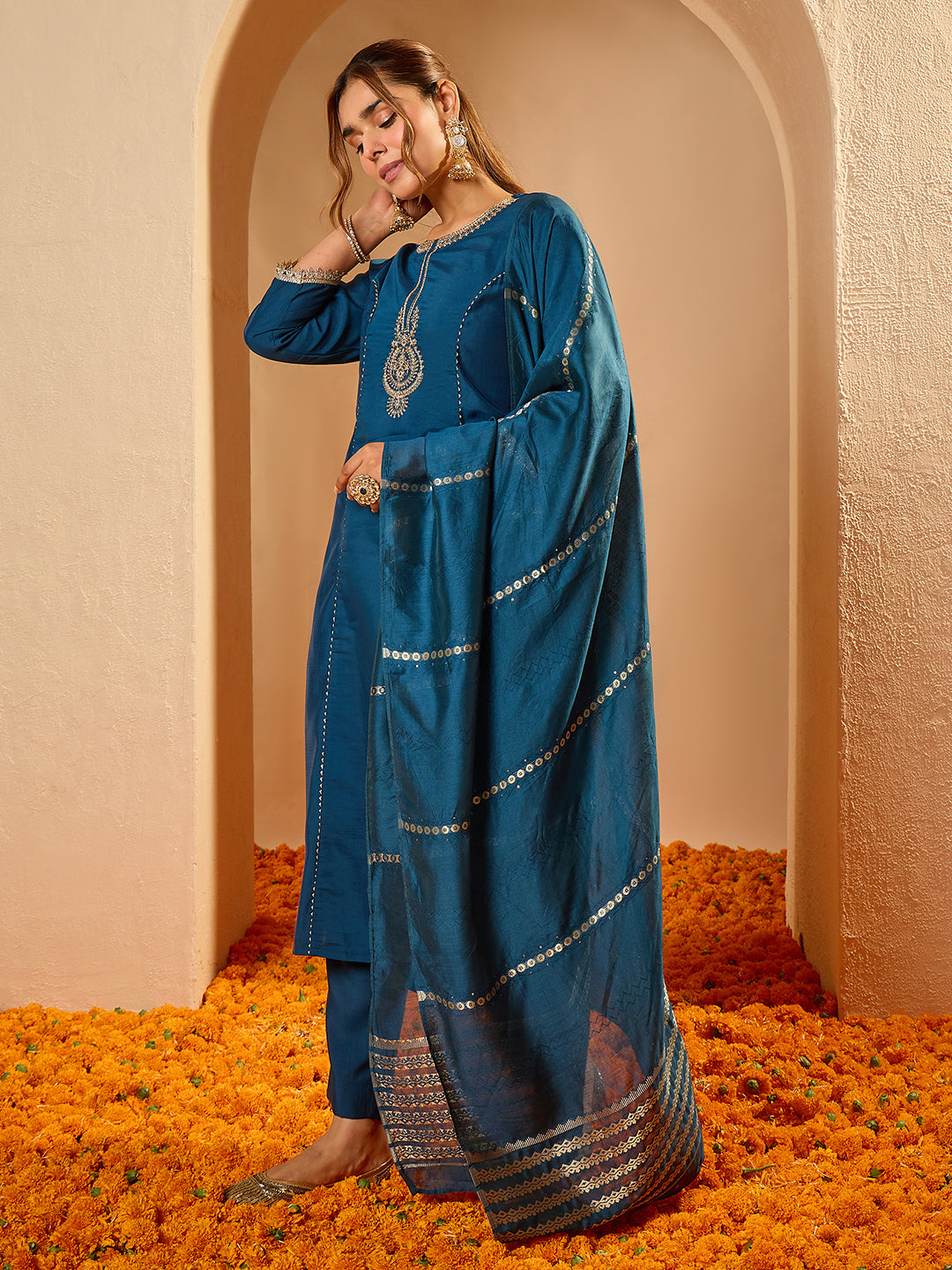Janasya Women's Teal Blue Chanderi Silk Yoke Floral Embroidered Straight Kurta Set with Jacquard Dupatta