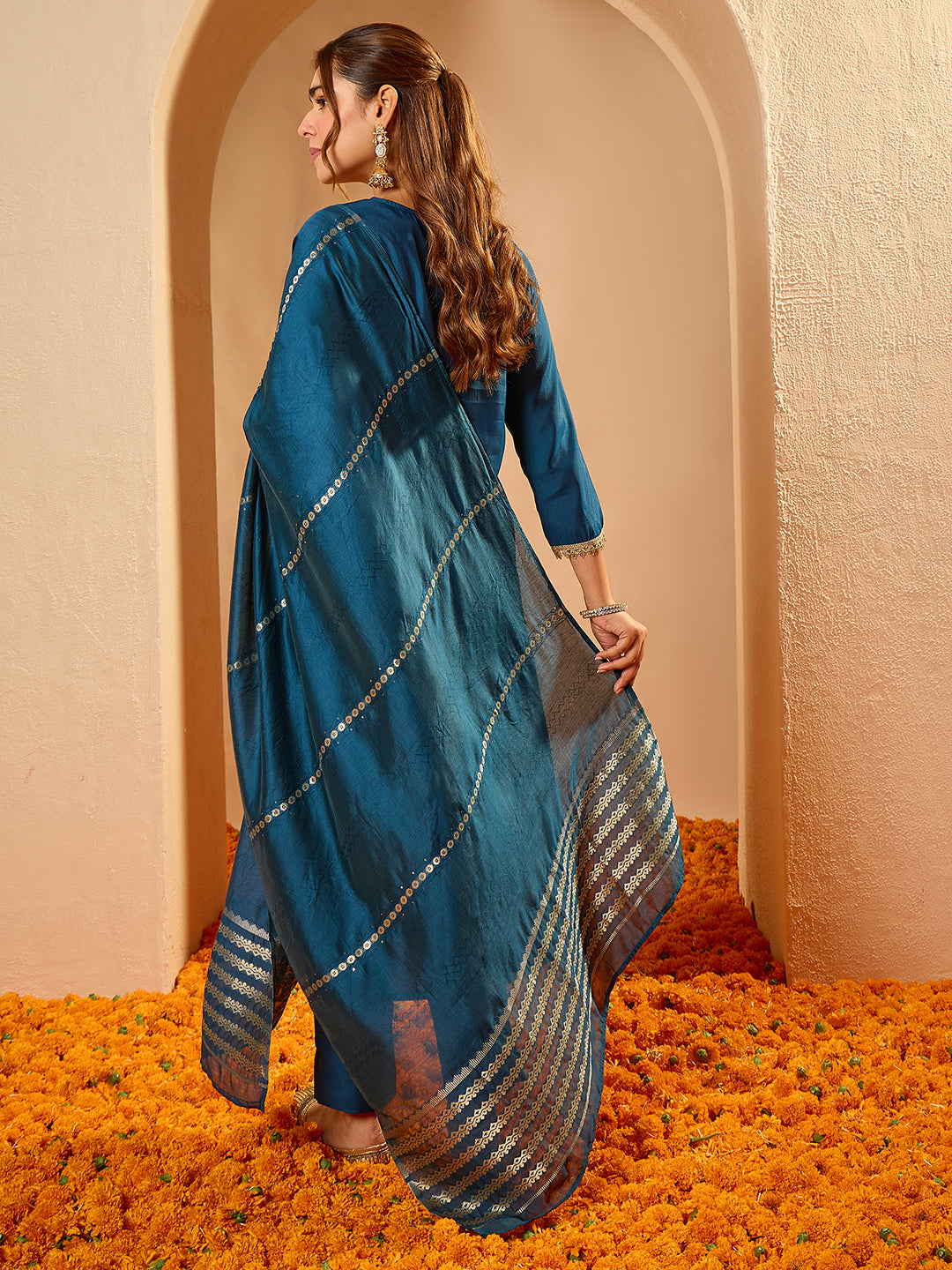 Janasya Women's Teal Blue Chanderi Silk Yoke Floral Embroidered Straight Kurta Set with Jacquard Dupatta