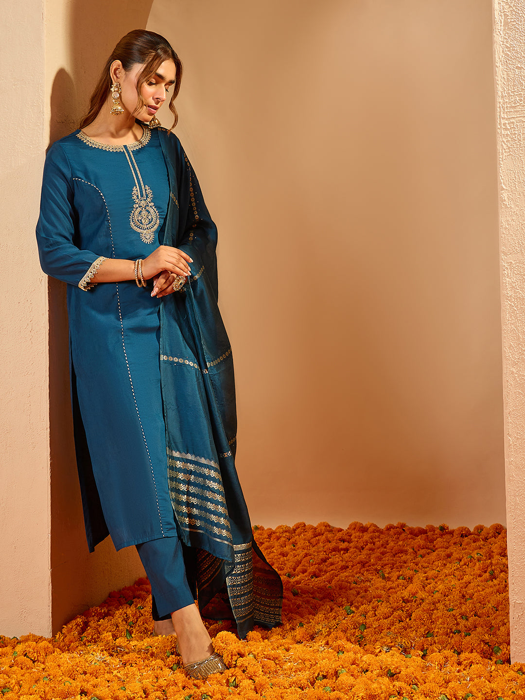 Janasya Women's Teal Blue Chanderi Silk Yoke Floral Embroidered Straight Kurta Set with Jacquard Dupatta