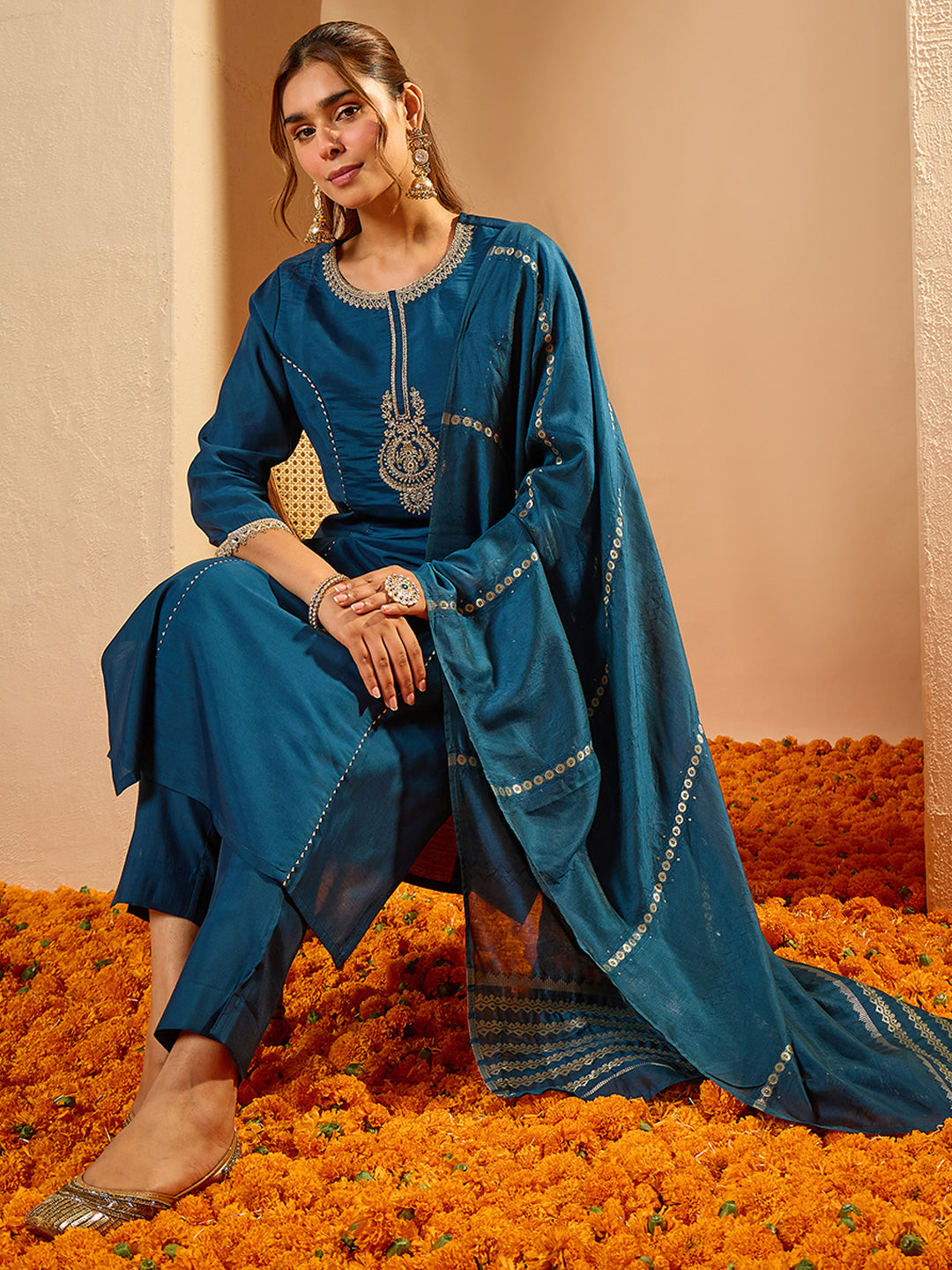 Janasya Women's Teal Blue Chanderi Silk Yoke Floral Embroidered Straight Kurta Set with Jacquard Dupatta