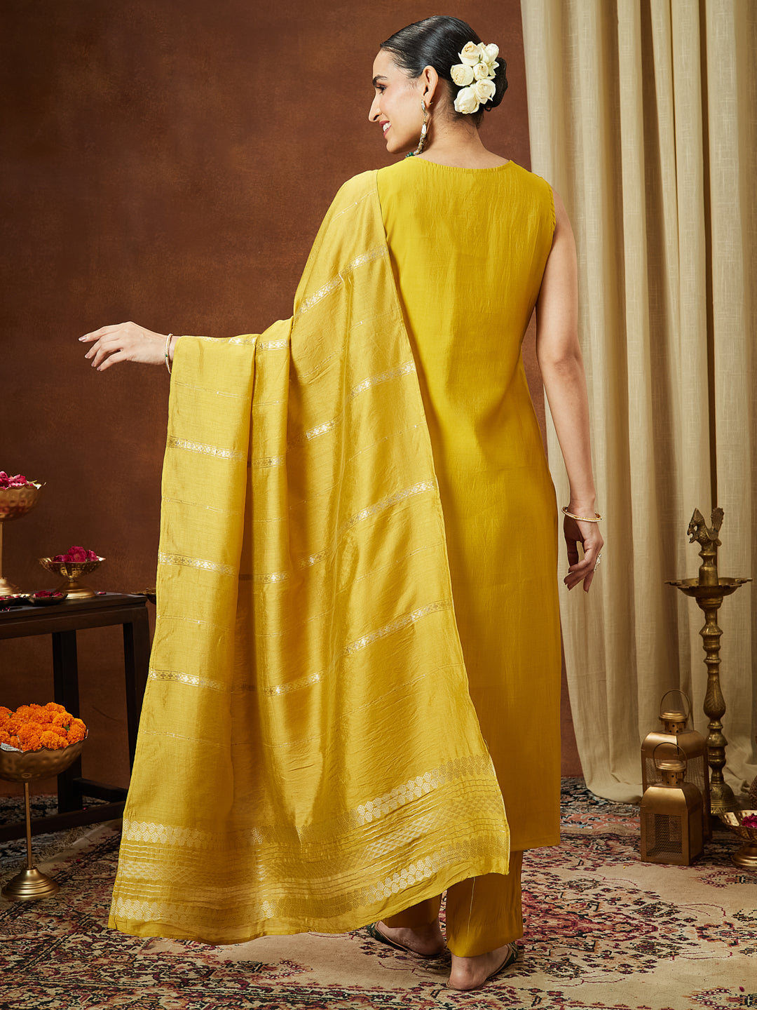 Janasya Women's Mustard Chanderi Silk Zari Embroidered Straight Kurta Pant Set