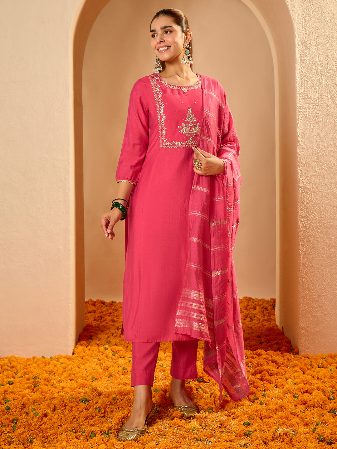 Janasya Women's Pink Chanderi Silk Zari Yoke Embroidered Straight Kurta Set with Jacquard Dupatta