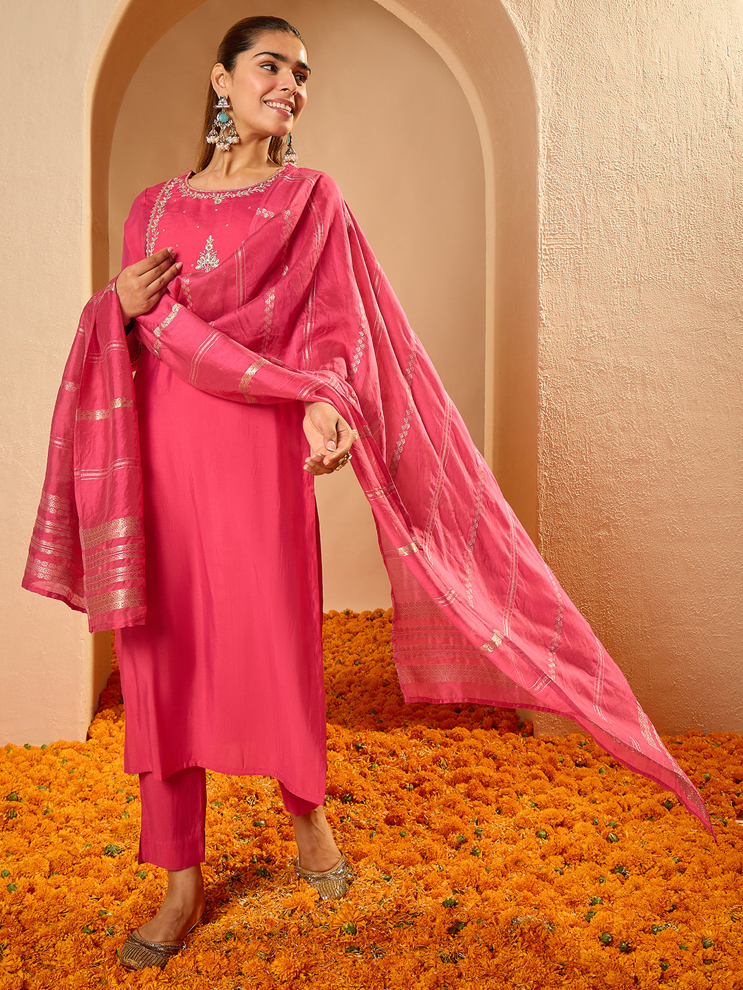 Janasya Women's Pink Chanderi Silk Zari Yoke Embroidered Straight Kurta Set with Jacquard Dupatta