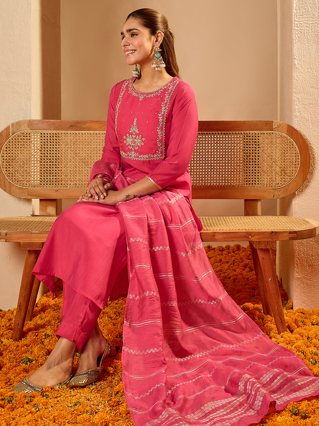 Janasya Women's Pink Chanderi Silk Zari Yoke Embroidered Straight Kurta Set with Jacquard Dupatta