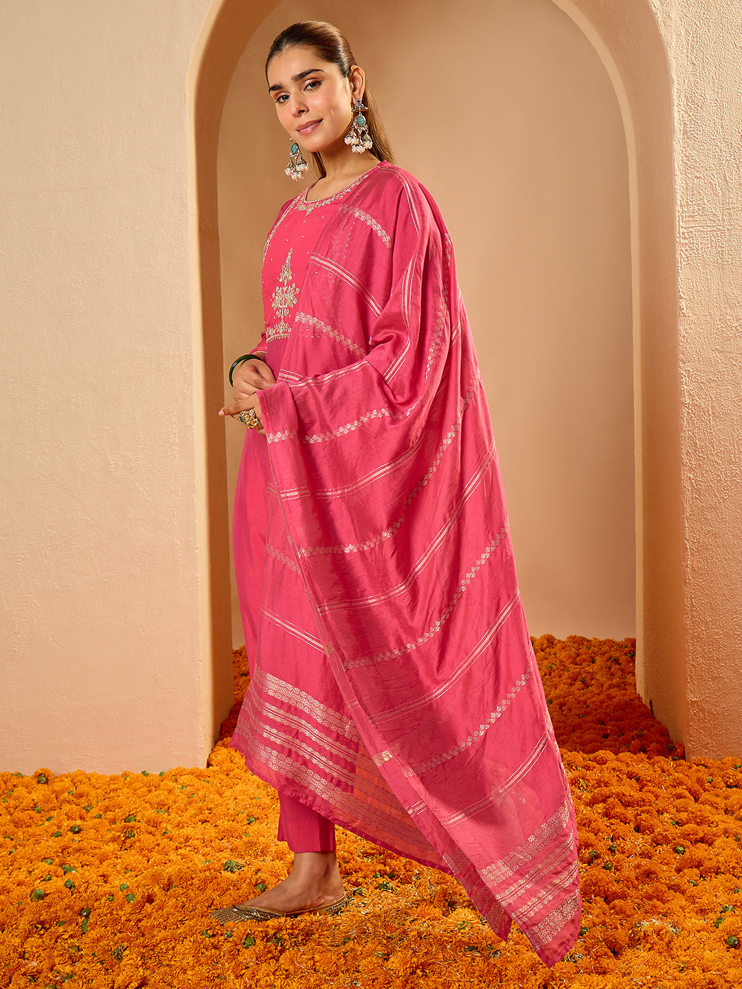 Janasya Women's Pink Chanderi Silk Zari Yoke Embroidered Straight Kurta Set with Jacquard Dupatta