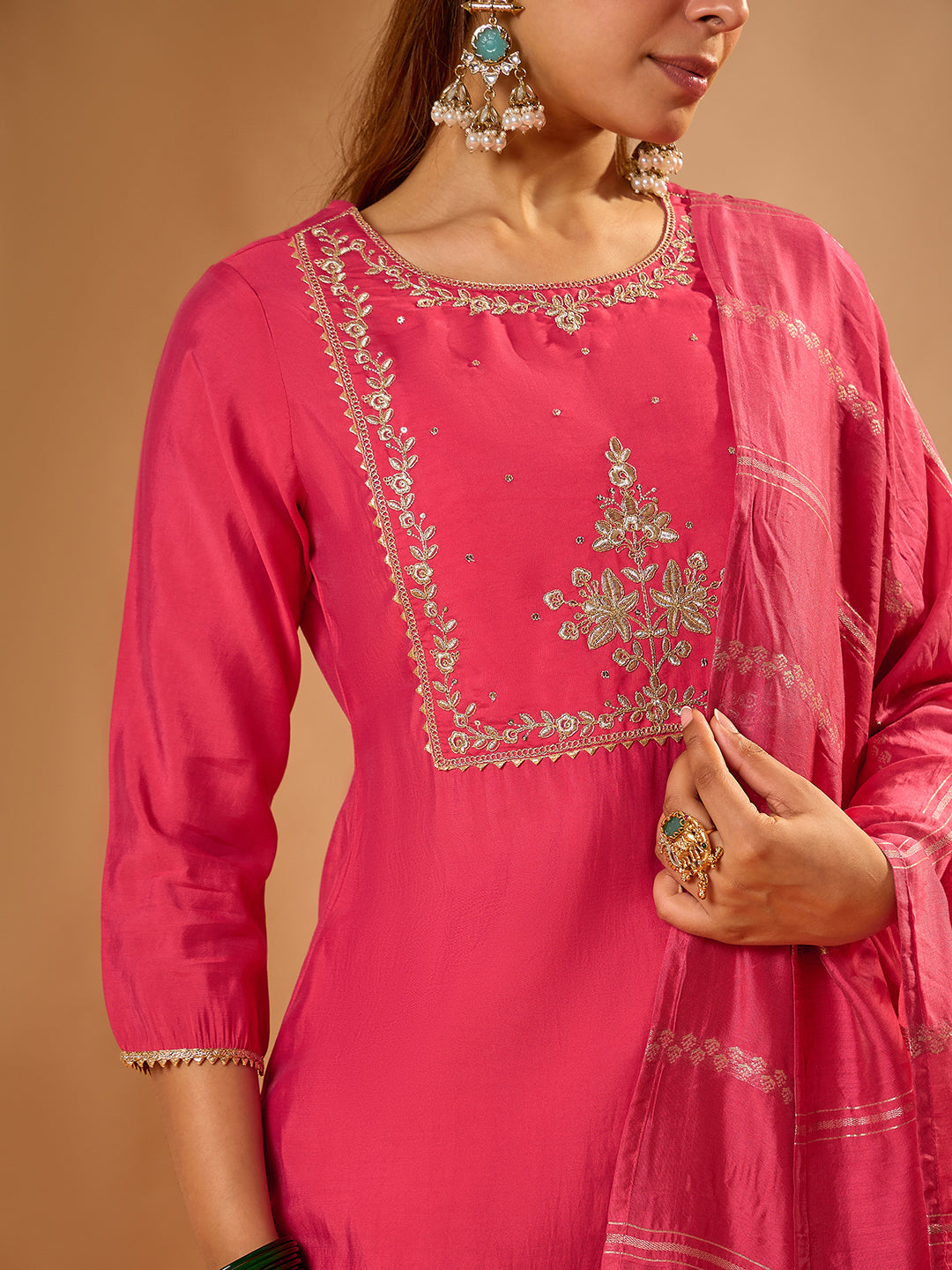 Janasya Women's Pink Chanderi Silk Zari Yoke Embroidered Straight Kurta Set with Jacquard Dupatta