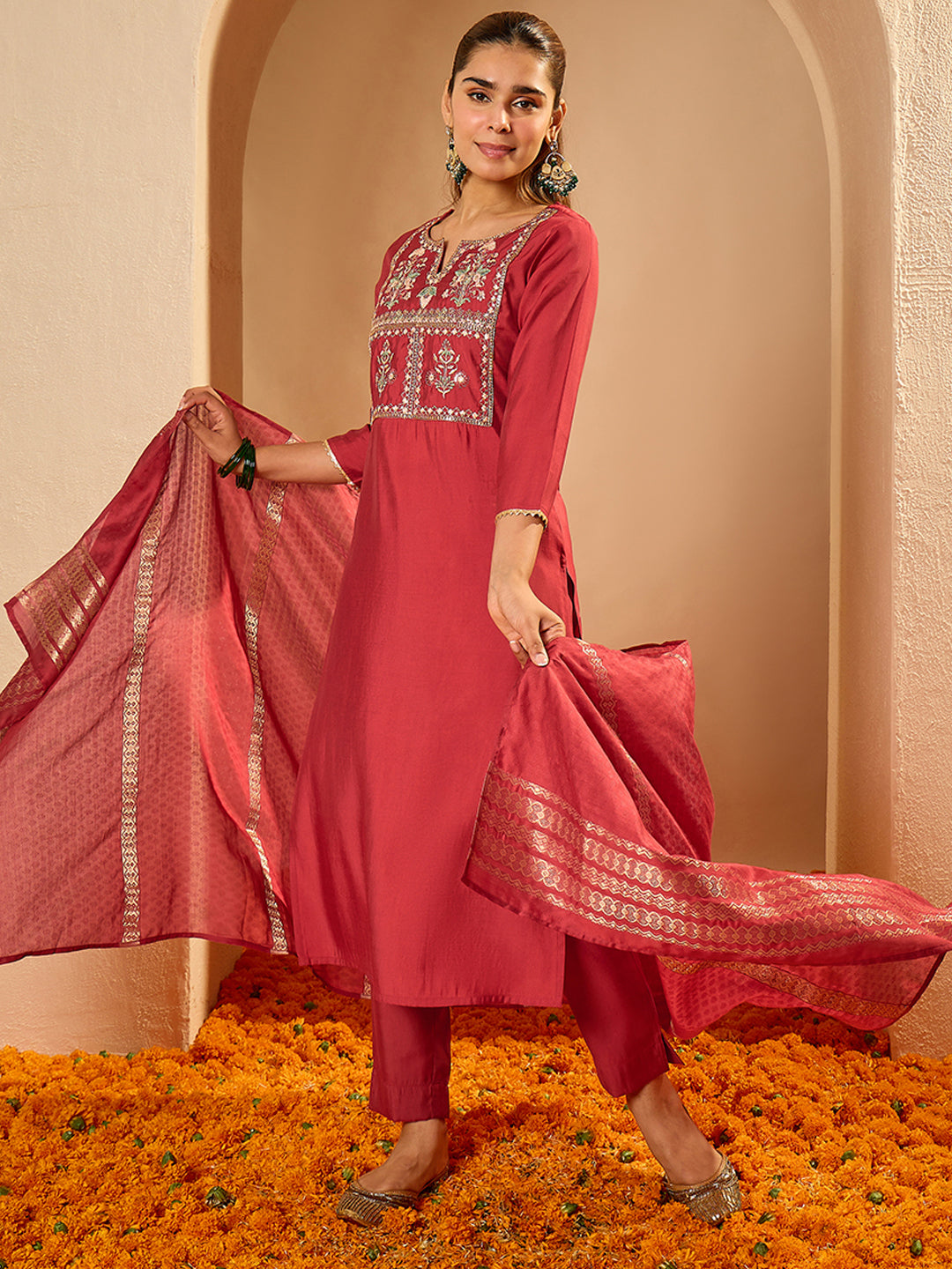 Janasya Women's Maroon Chanderi Silk Yoke Embroidered Straight Kurta Set