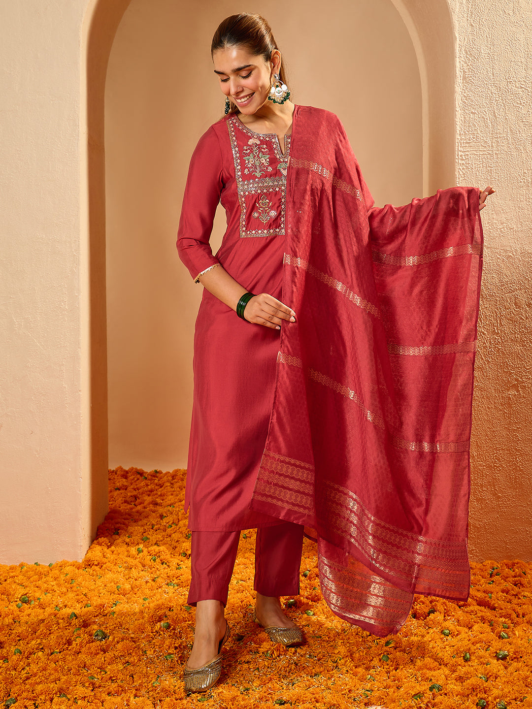 Janasya Women's Maroon Chanderi Silk Yoke Embroidered Straight Kurta Set