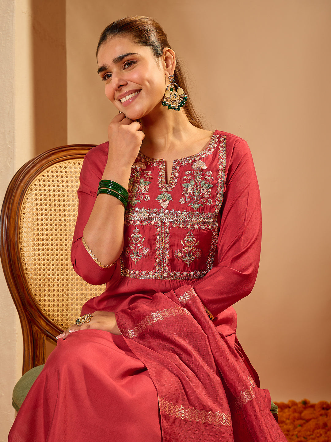 Janasya Women's Maroon Chanderi Silk Yoke Embroidered Straight Kurta Set