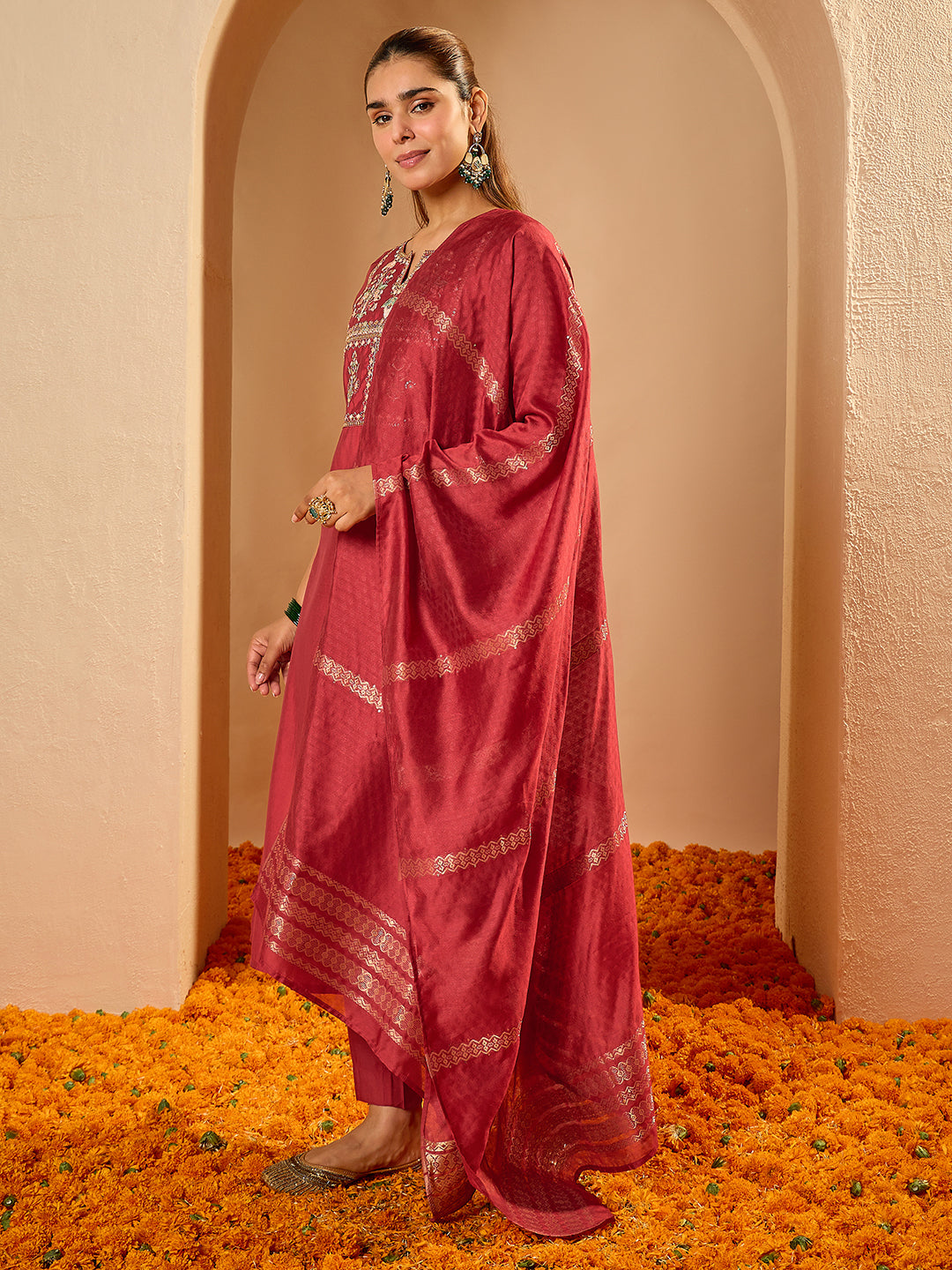 Janasya Women's Maroon Chanderi Silk Yoke Embroidered Straight Kurta Set