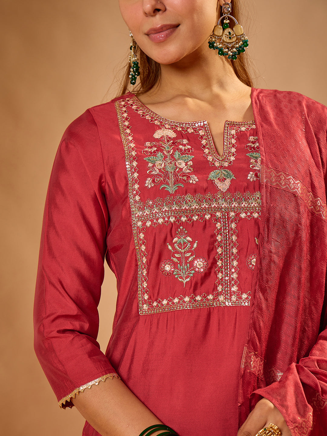 Janasya Women's Maroon Chanderi Silk Yoke Embroidered Straight Kurta Set