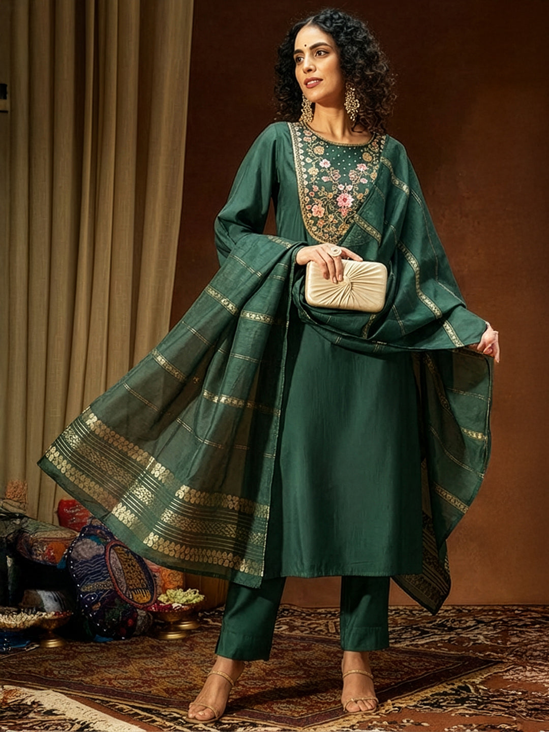 Janasya Women's Bottle Green Chanderi Silk Yoke Embroidery Straight Kurta Set