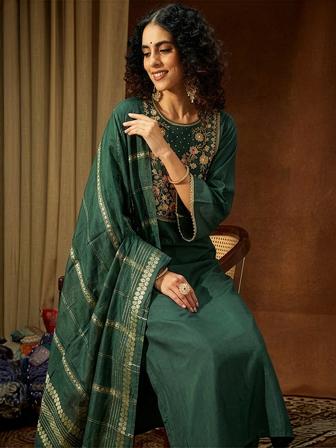 Janasya Women's Bottle Green Chanderi Silk Yoke Embroidery Straight Kurta Set