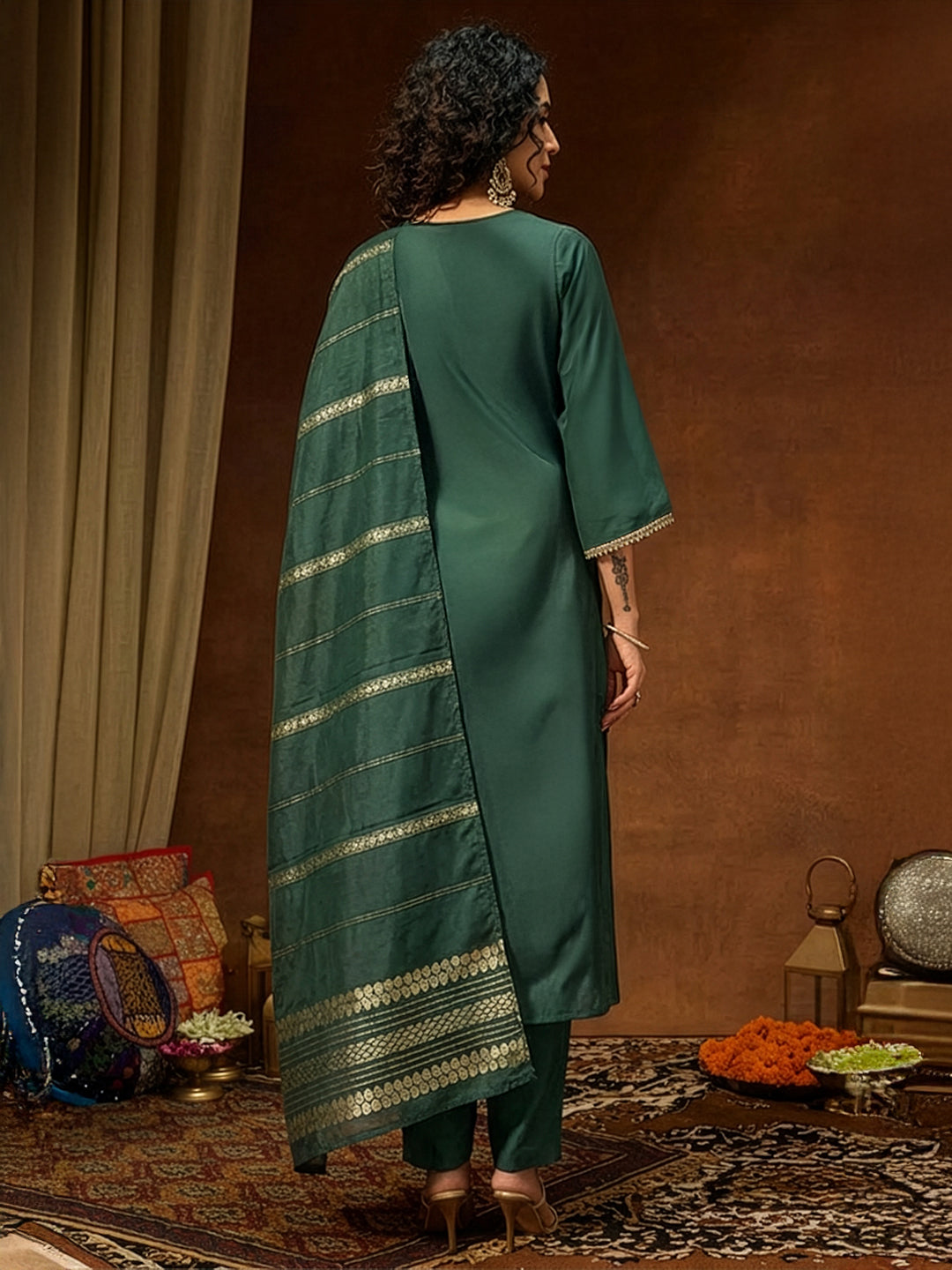 Janasya Women's Bottle Green Chanderi Silk Yoke Embroidery Straight Kurta Set