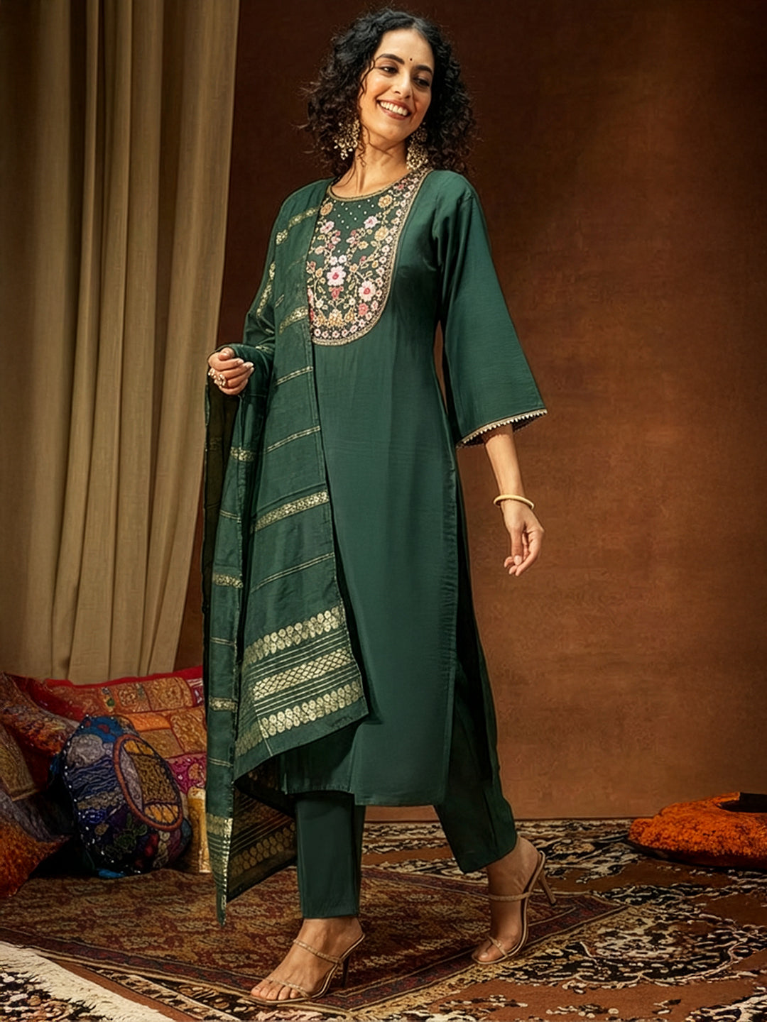 Janasya Women's Bottle Green Chanderi Silk Yoke Embroidery Straight Kurta Set