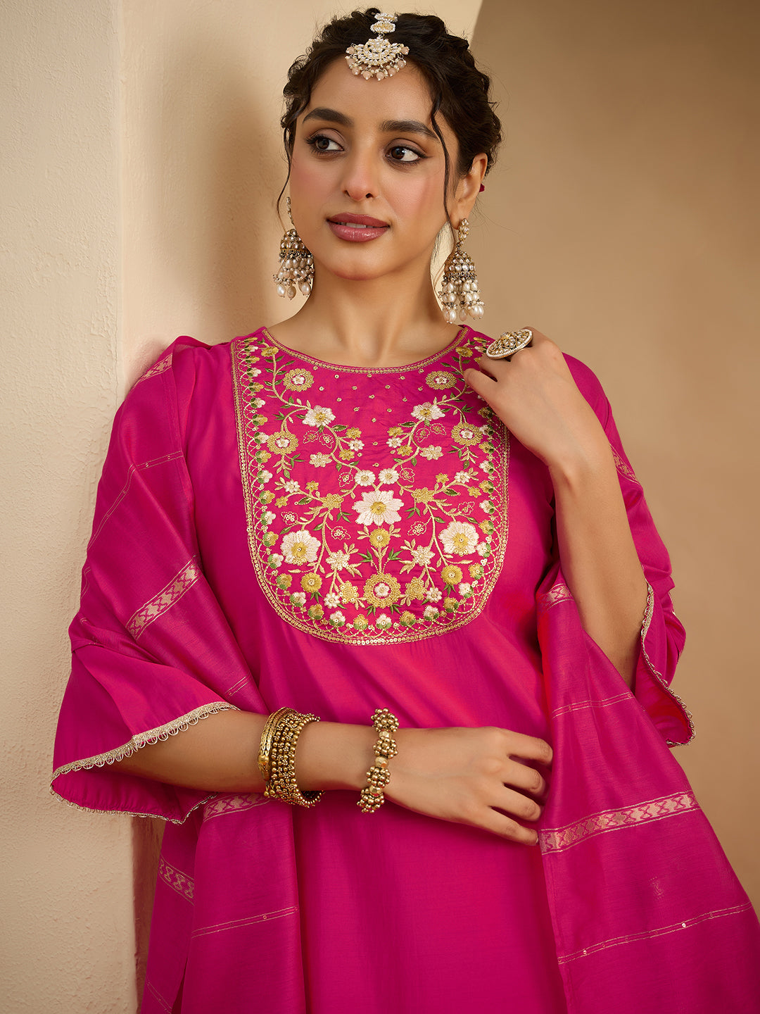 Janasya Women's Pink Chanderi Silk Zari Yoke Embroidered Straight Kurta Set